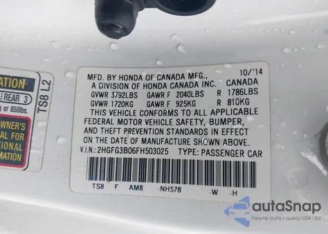 2015 Honda Civic Exl z USA, uszkodzony, nr VIN 2HGFG3B06FH503025